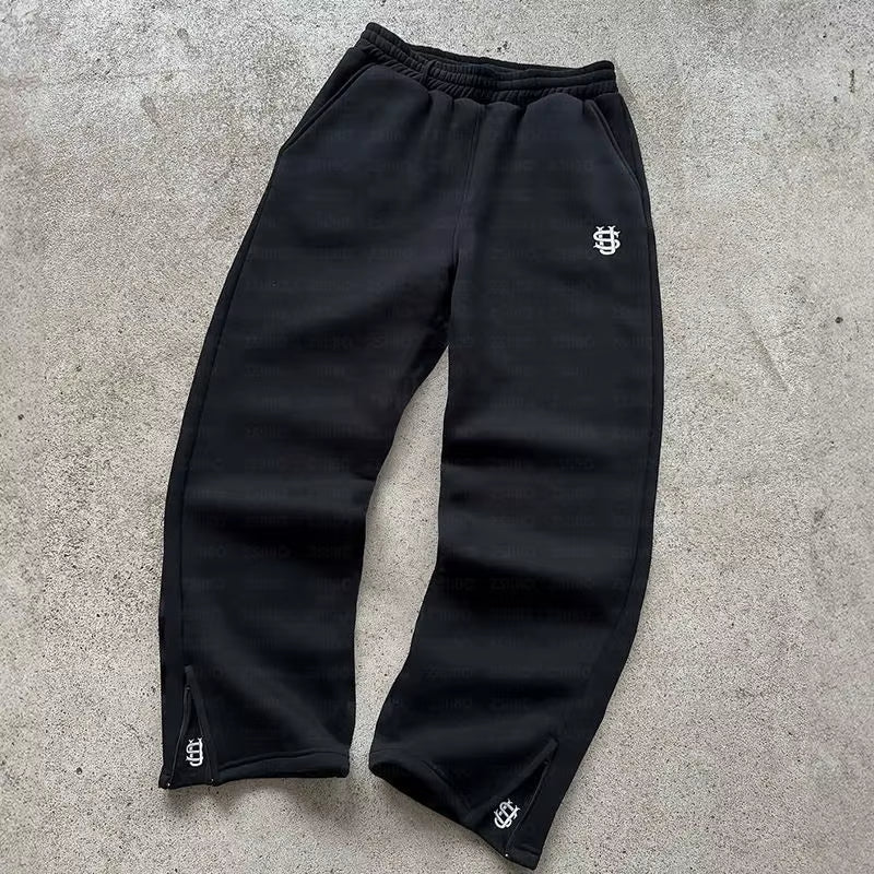 Y2K Fashion Jogger Sweatpants Loose Embroidery Labeled Open Leg Wide Leg Pants Trendy Pocket Couple Straight Pants Men'S Hoodie