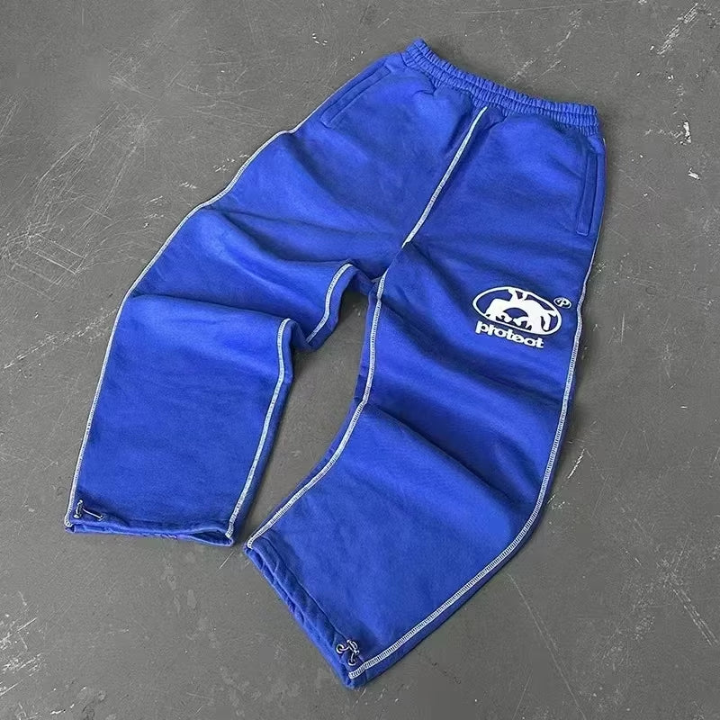 Harajuku Loose Double Waist Sweatpants Y2K American Soild Color Embroidery Casual Pants Hip Hop Drawstring Waist Jogger Trousers